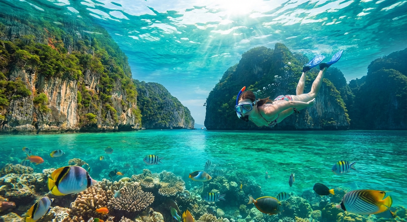 피피섬의 에메랄드빛 바닷속 스노클링 장면