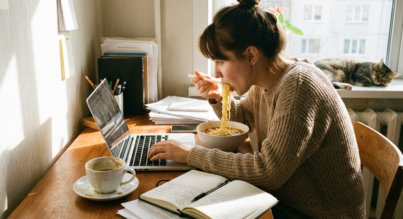 책상 앞에서 급하게 식사하는 모습