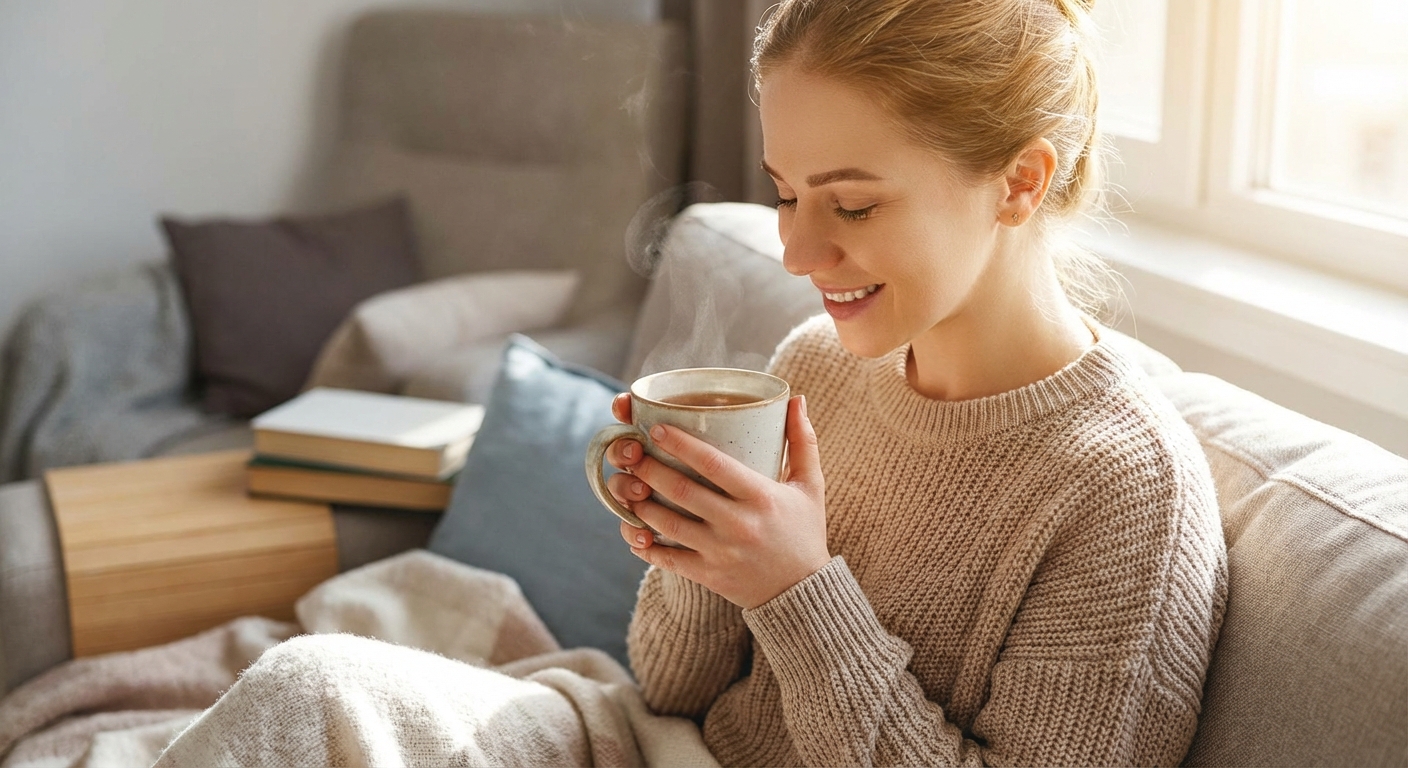 따뜻한 차를 마시며 휴식하는 모습