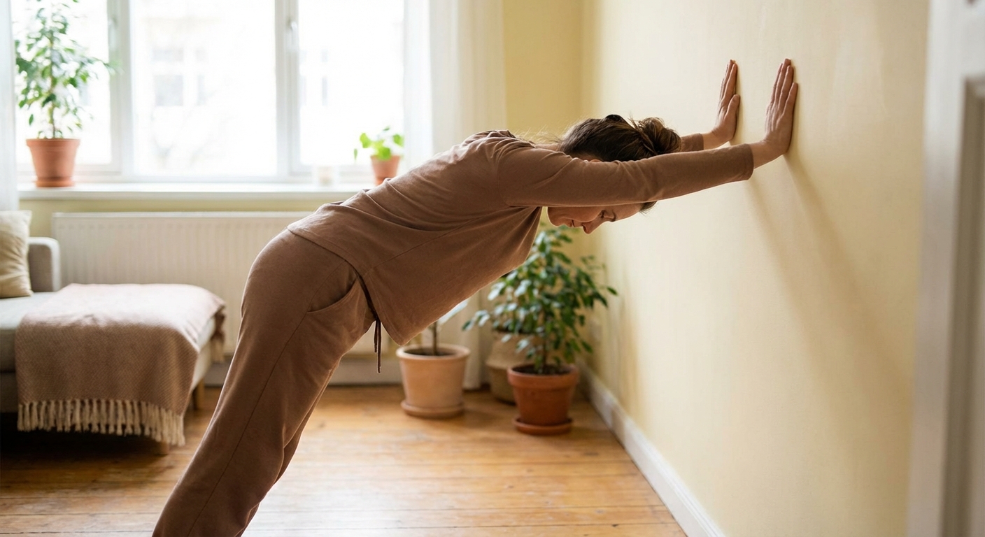 벽을 짚고 허리를 펴는 스트레칭 자세