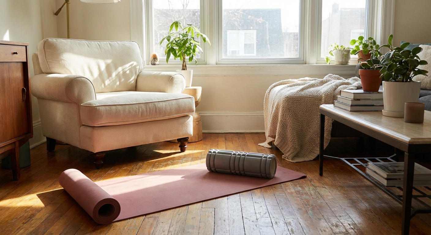 요가 매트와 폼롤러가 놓인 집안 거실