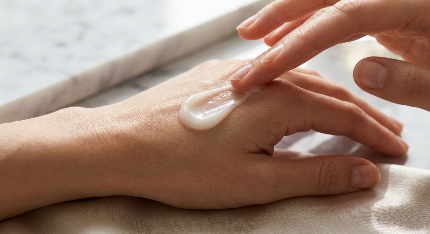 올인원 로션의 텍스처를 손등에 발라 펴 바르는 모습