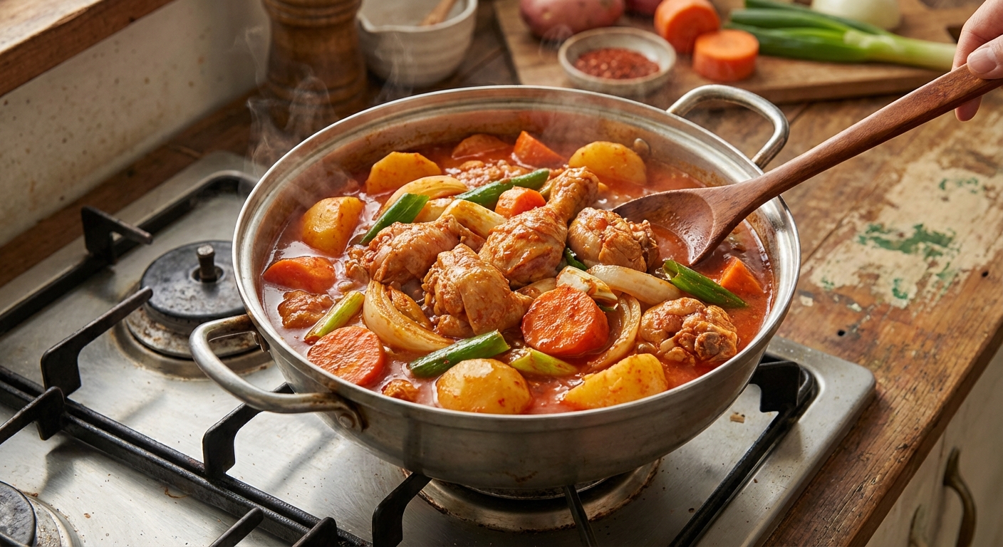 조리 중인 닭볶음탕 냄비 사진