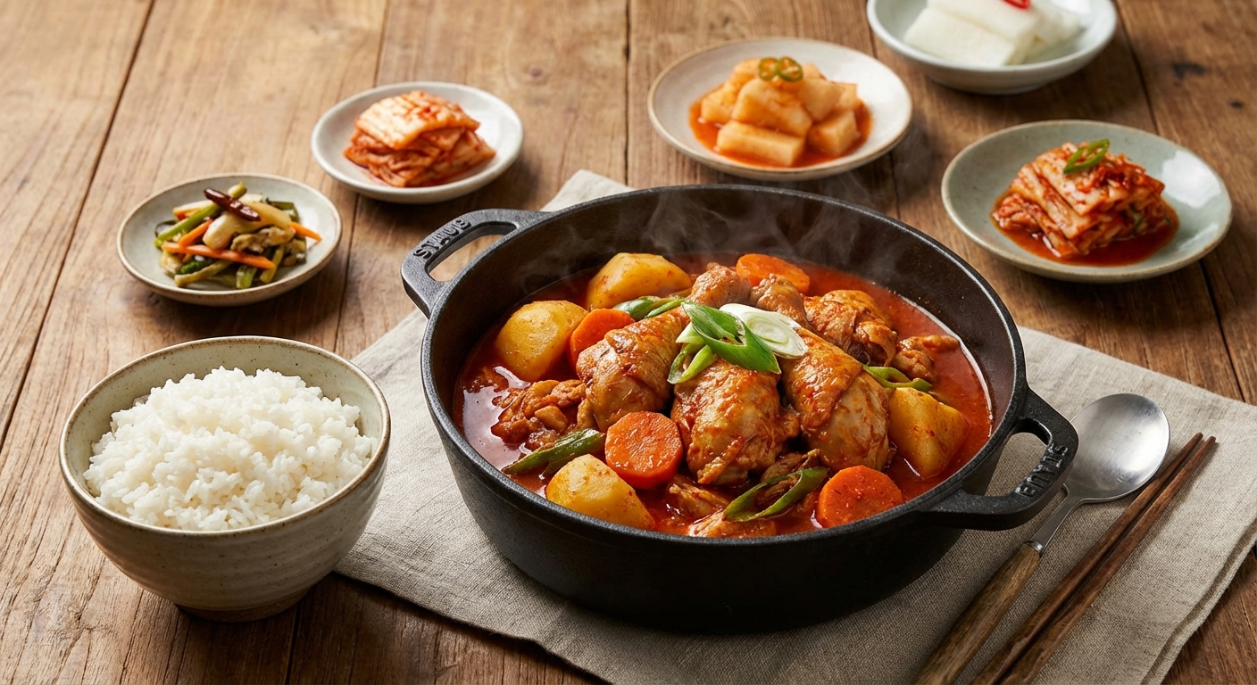 밥과 함께 차려진 닭볶음탕 한 상