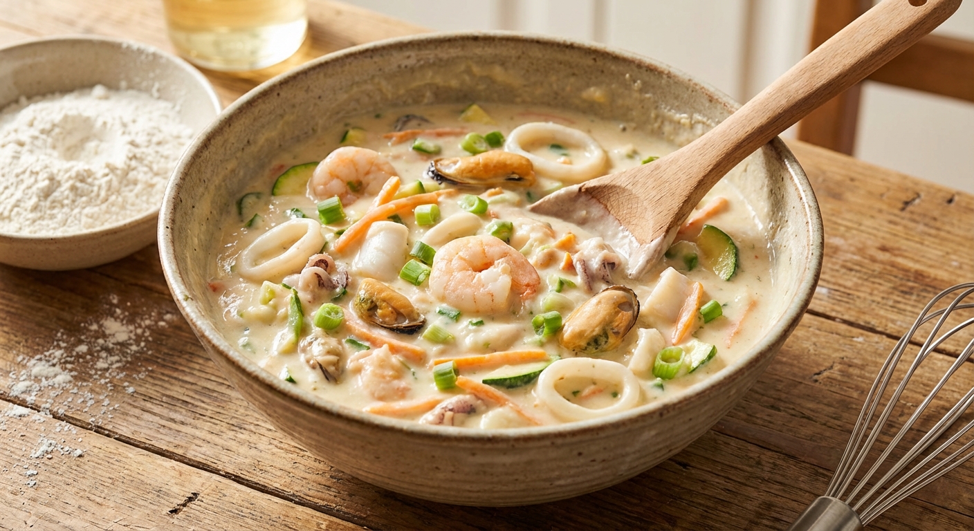 해물과 채소가 섞인 반죽