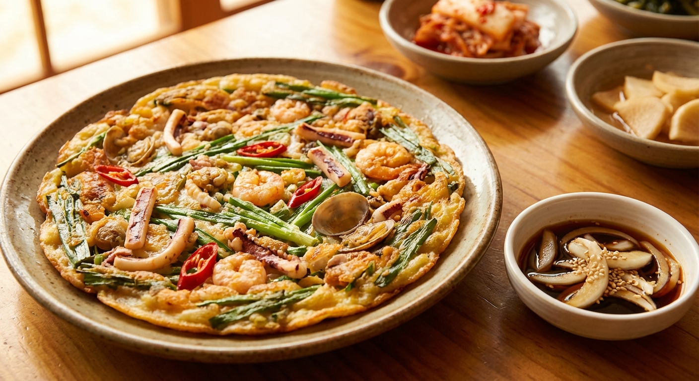 초간장과 함께 담긴 해물파전