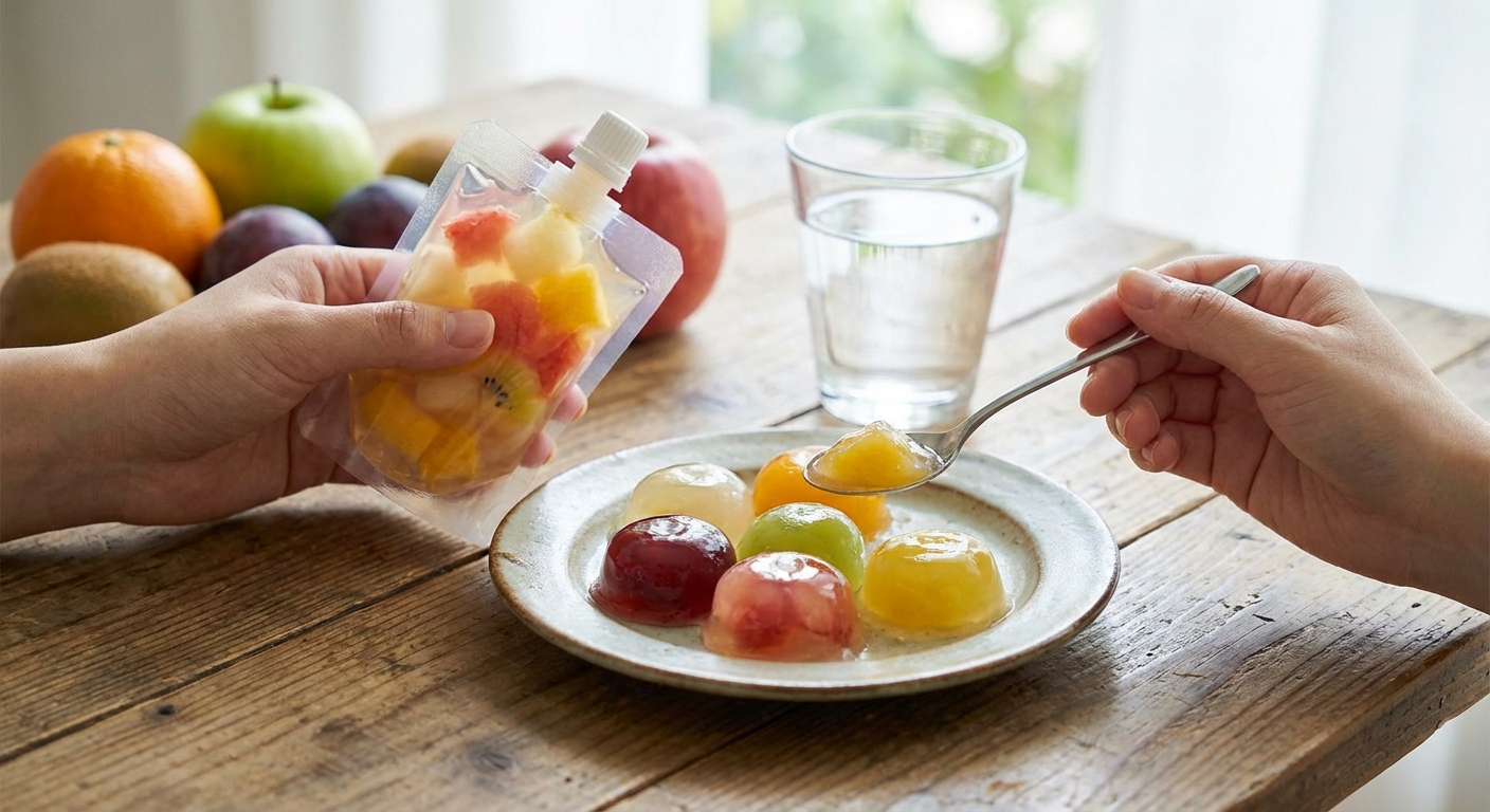 곤약 젤리를 간식으로 즐기는 장면