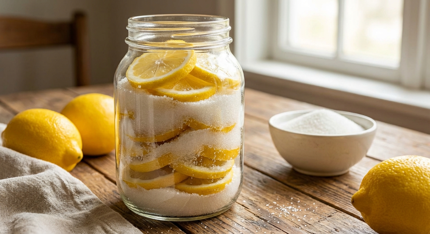 유리병에 레몬과 설탕을 층층이 쌓은 모습