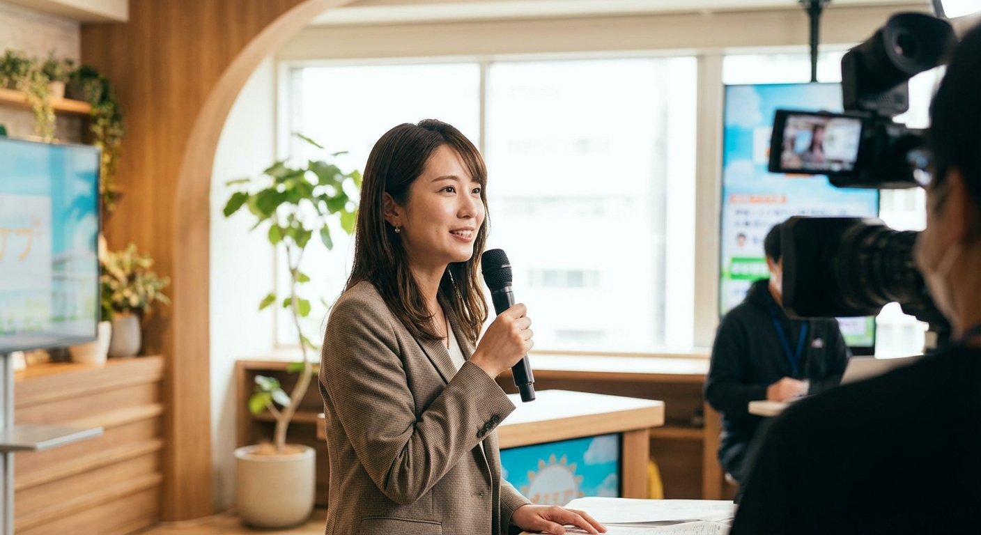방송국 스튜디오에서 진행 중인 아나운서 모습