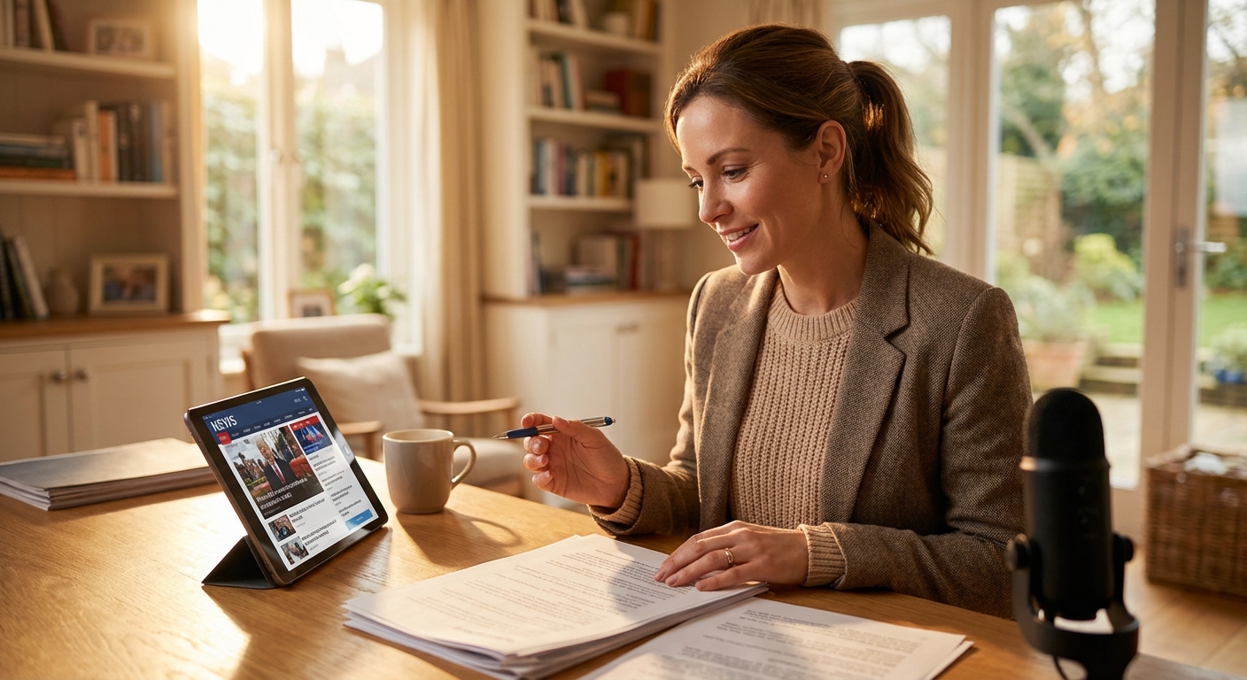 뉴스 원고를 체크하며 준비 중인 아나운서