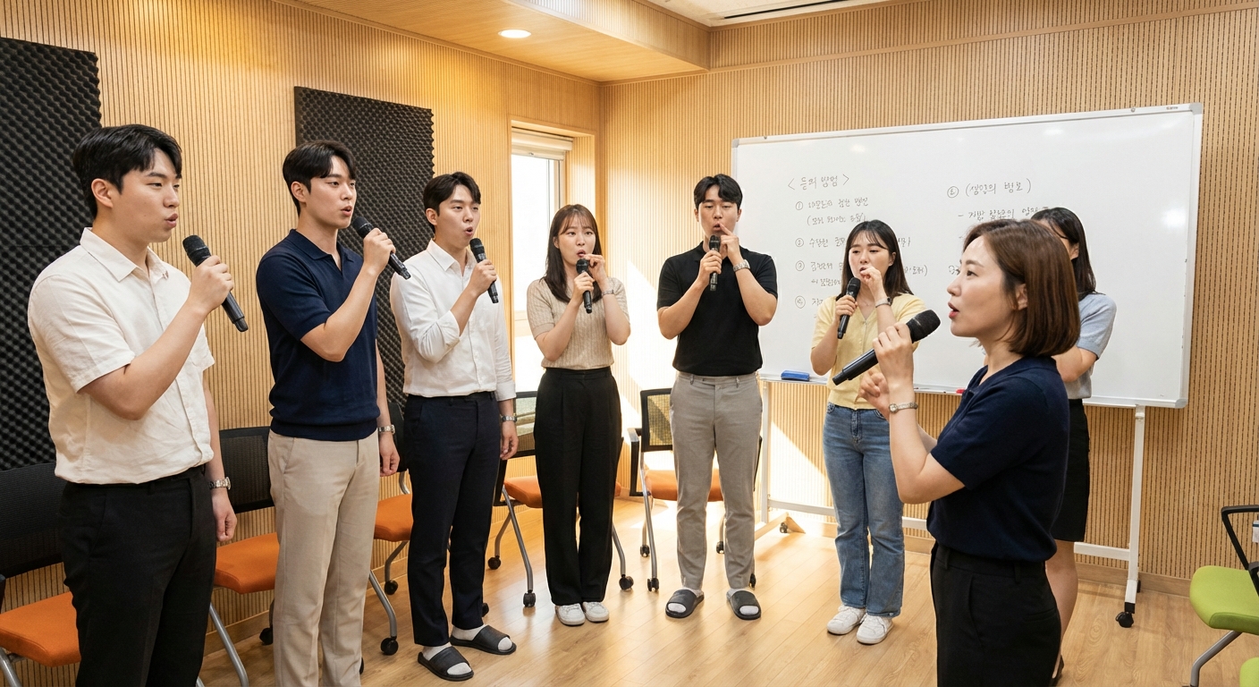 아나운서 학원에서 발성 연습 중인 수강생들