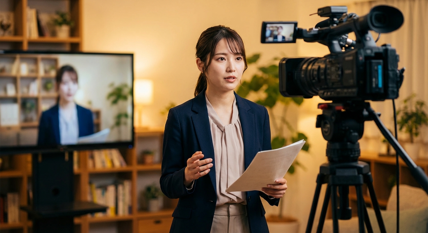 카메라 앞에서 리허설하는 신입 아나운서