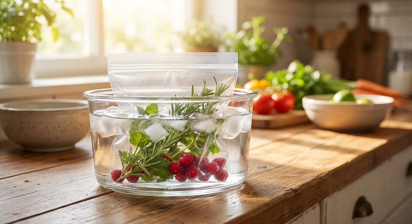 얼음물 용기에 밀폐된 비닐봉지 보관 방법 설명 도해