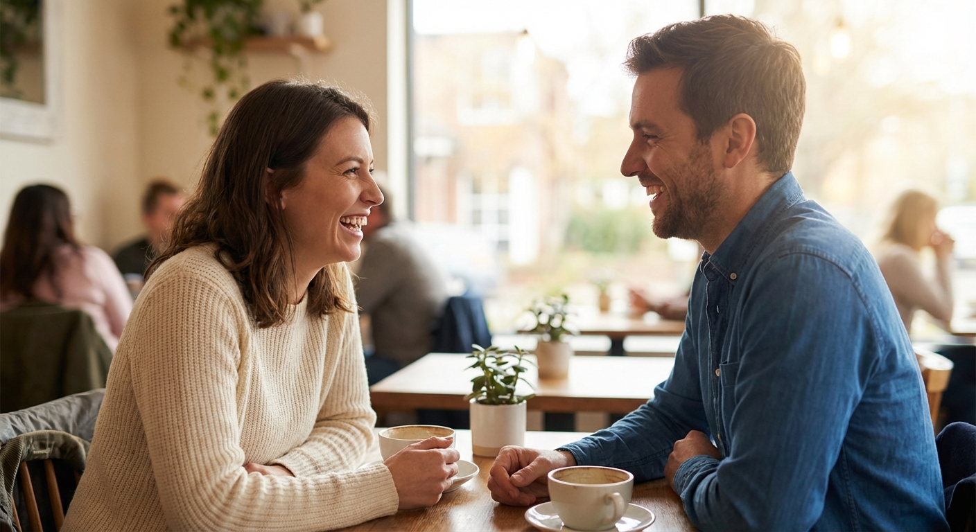 대화 중 편안하게 웃는 모습