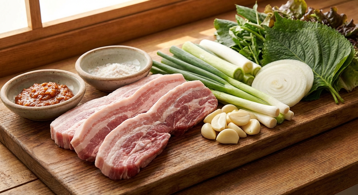 삼겹살과 향신채 재료들이 정리된 모습