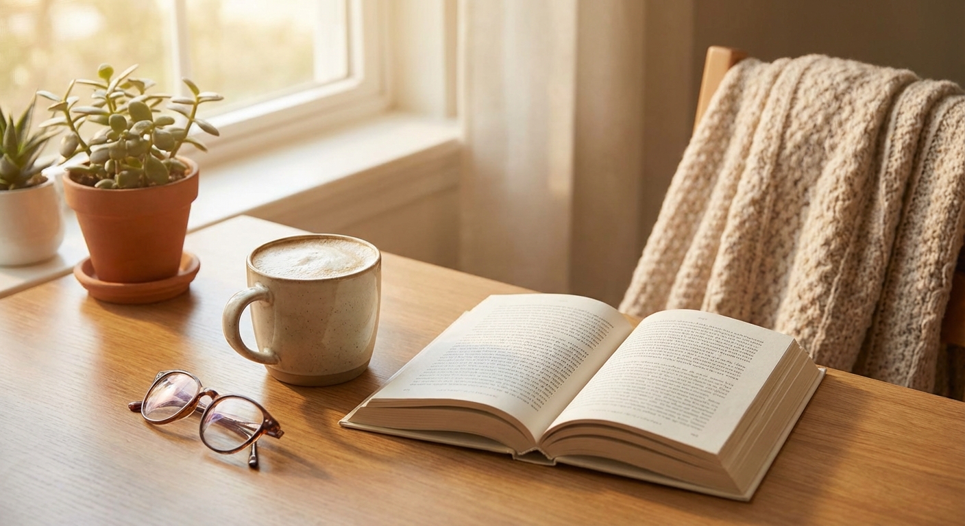 책상 위 커피와 책이 놓인 모습