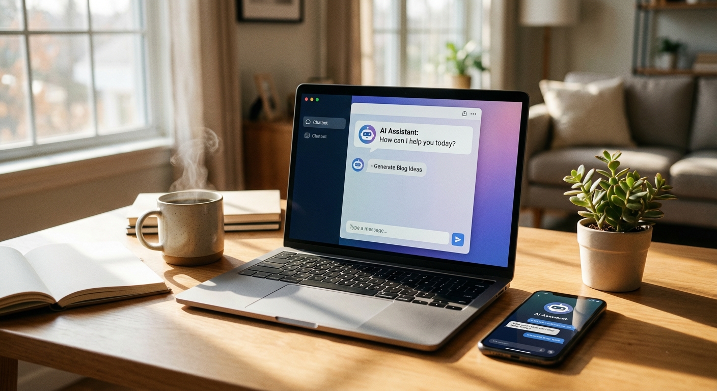 책상 위에 노트북과 스마트폰이 놓여 있고 AI 챗봇 화면이 보이는 일상 장면