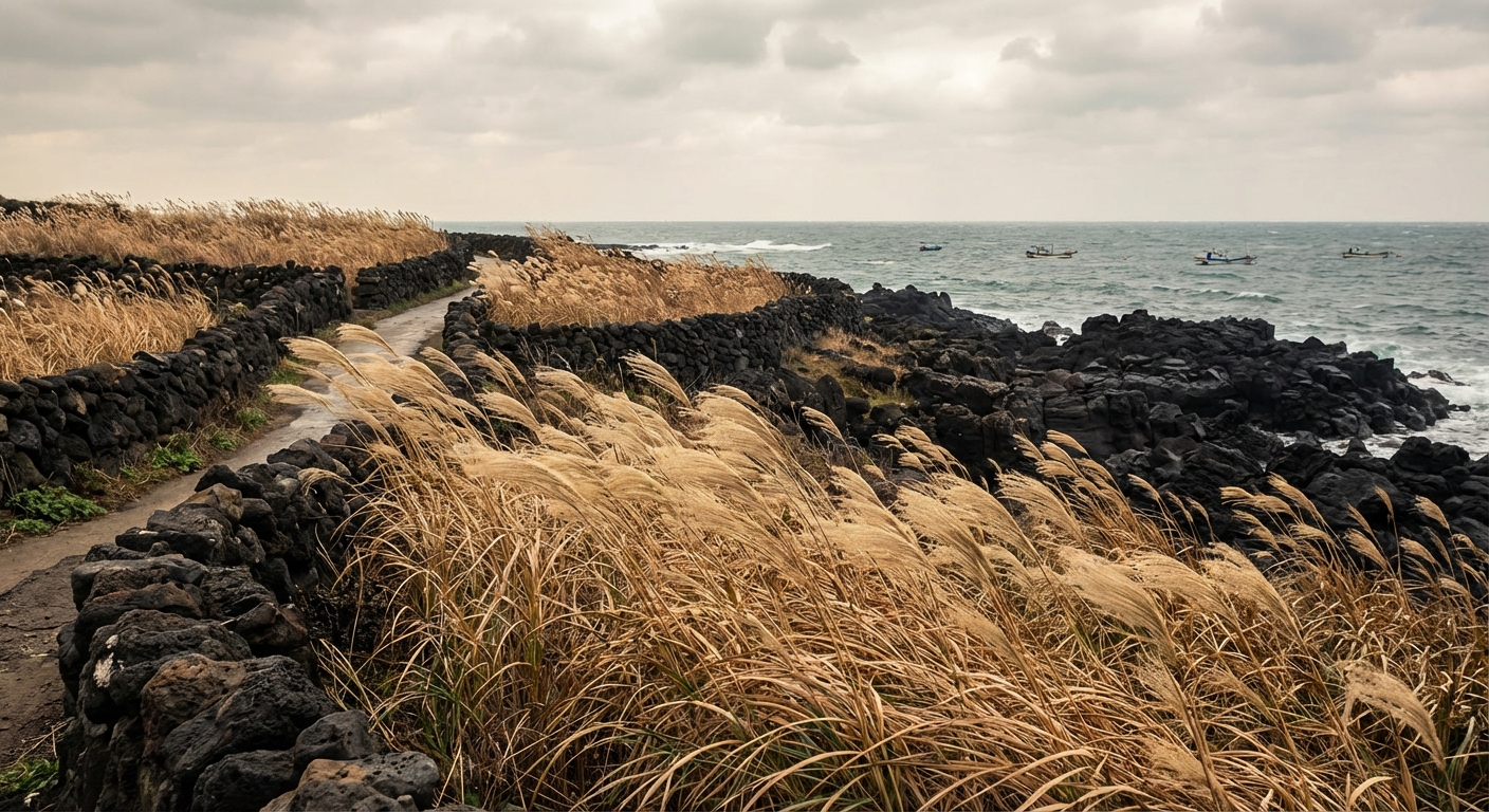 바람에 휘날리는 억새와 제주 해안 풍경