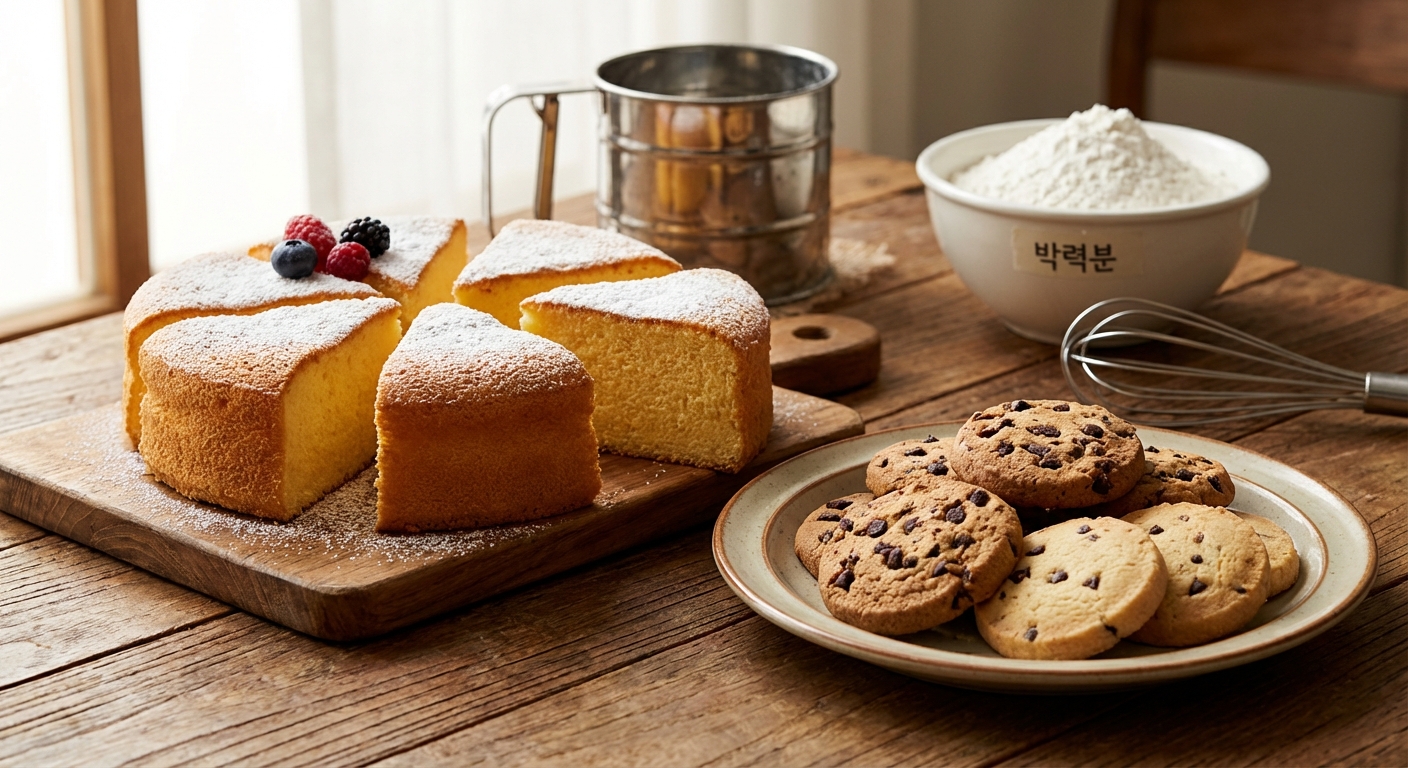 박력분으로 만든 케이크와 쿠키