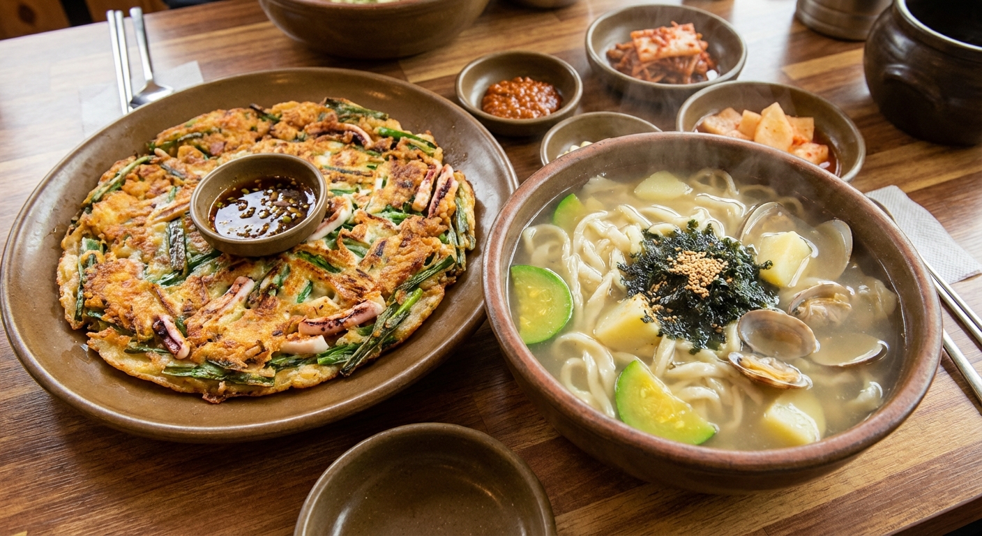 중력분으로 만든 부침개와 칼국수