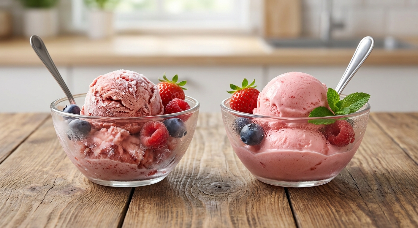 냉동 화상이 생긴 아이스크림과 신선한 아이스크림 비교