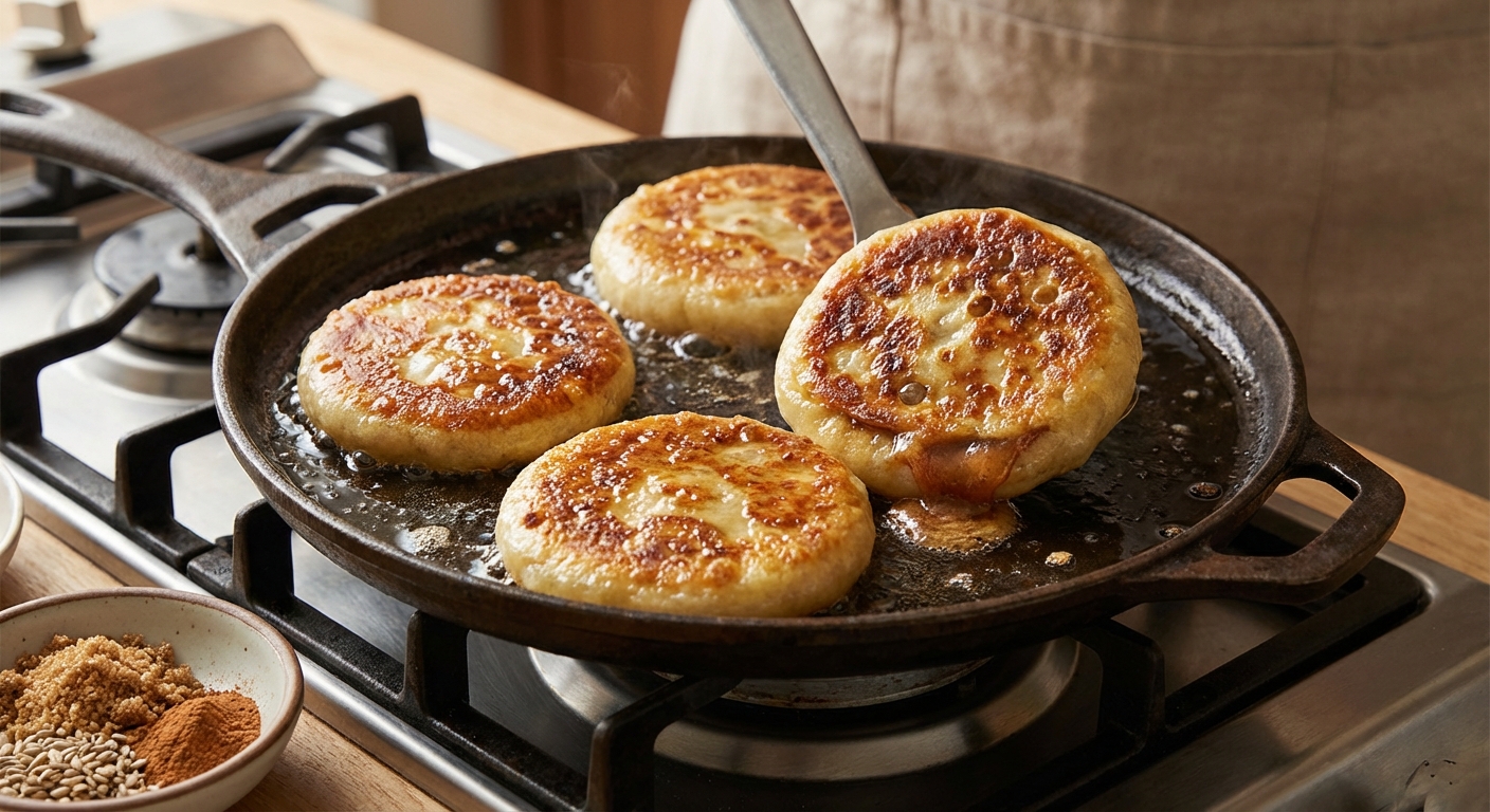 팬에서 노릇하게 구워지는 호떡