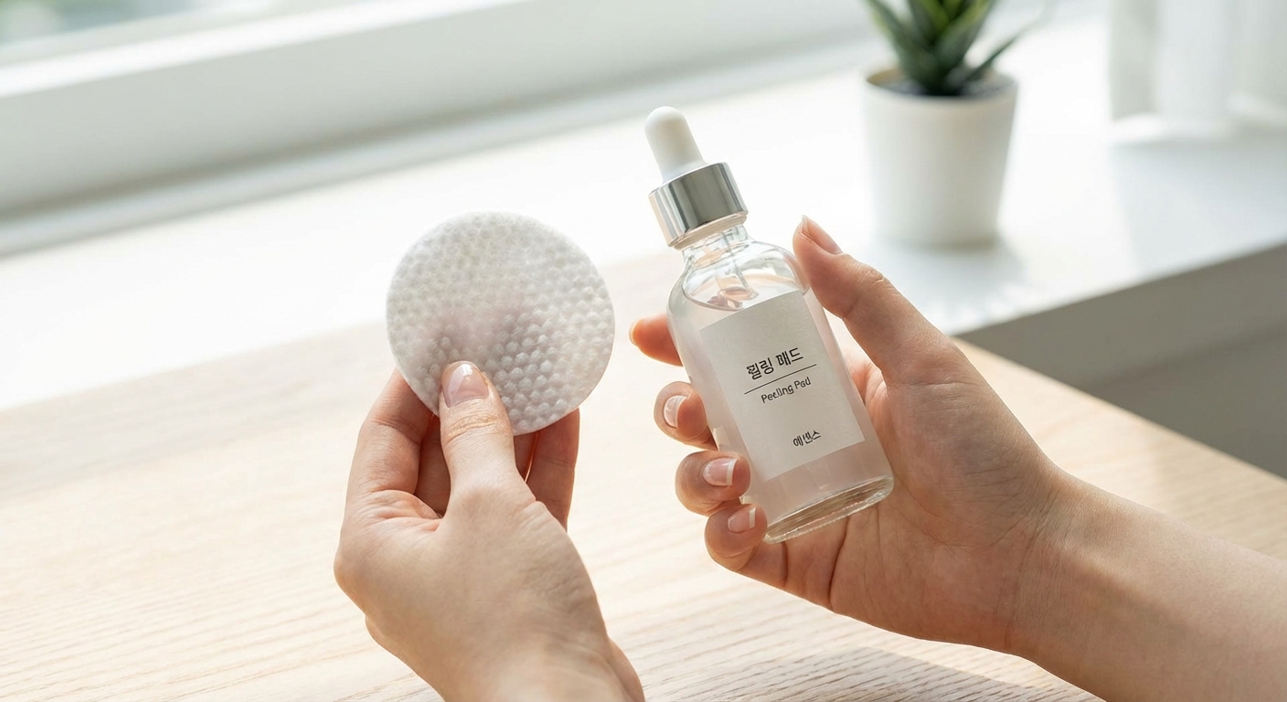 필링 패드와 에센스 제품을 손에 들고 있는 모습