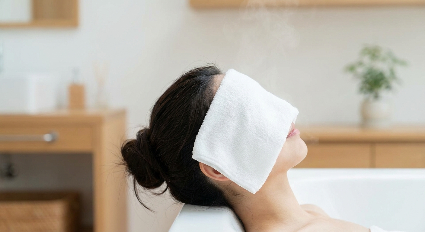 스팀 타월을 얼굴에 올리고 있는 여성