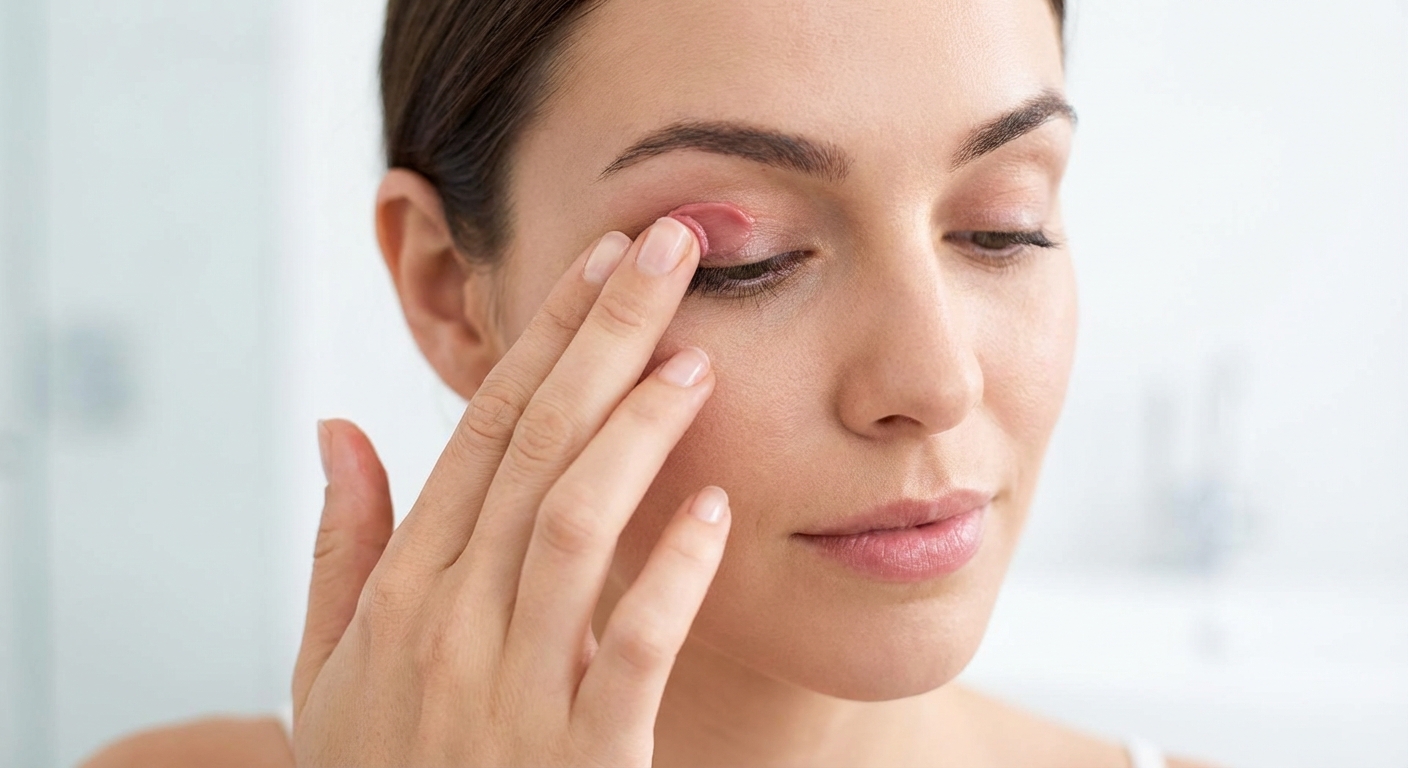 립 제품을 손가락에 묻혀 눈꺼풀에 바르는 모습