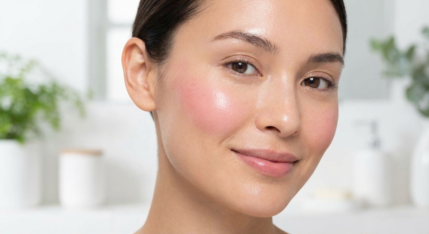 광대뼈에 립 제품을 발라 자연스러운 혈색을 연출한 모습