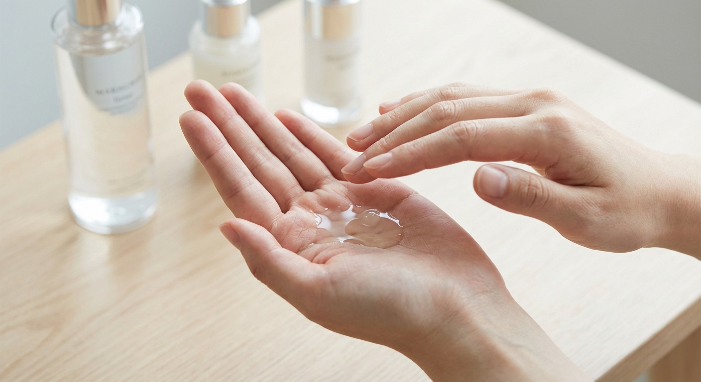 토너와 세럼을 손바닥에 덜어 두드리는 모습