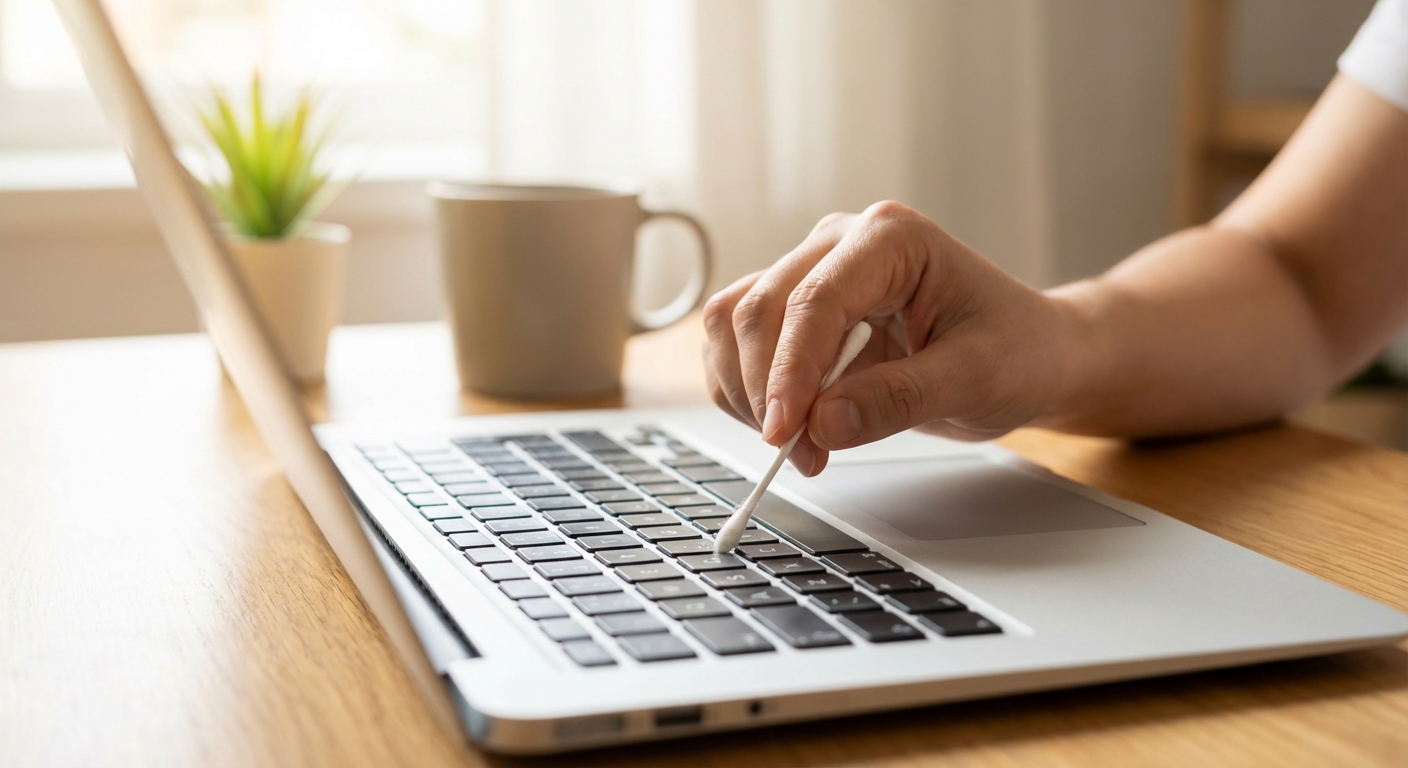 면봉으로 노트북 키보드 틈새 청소하는 모습