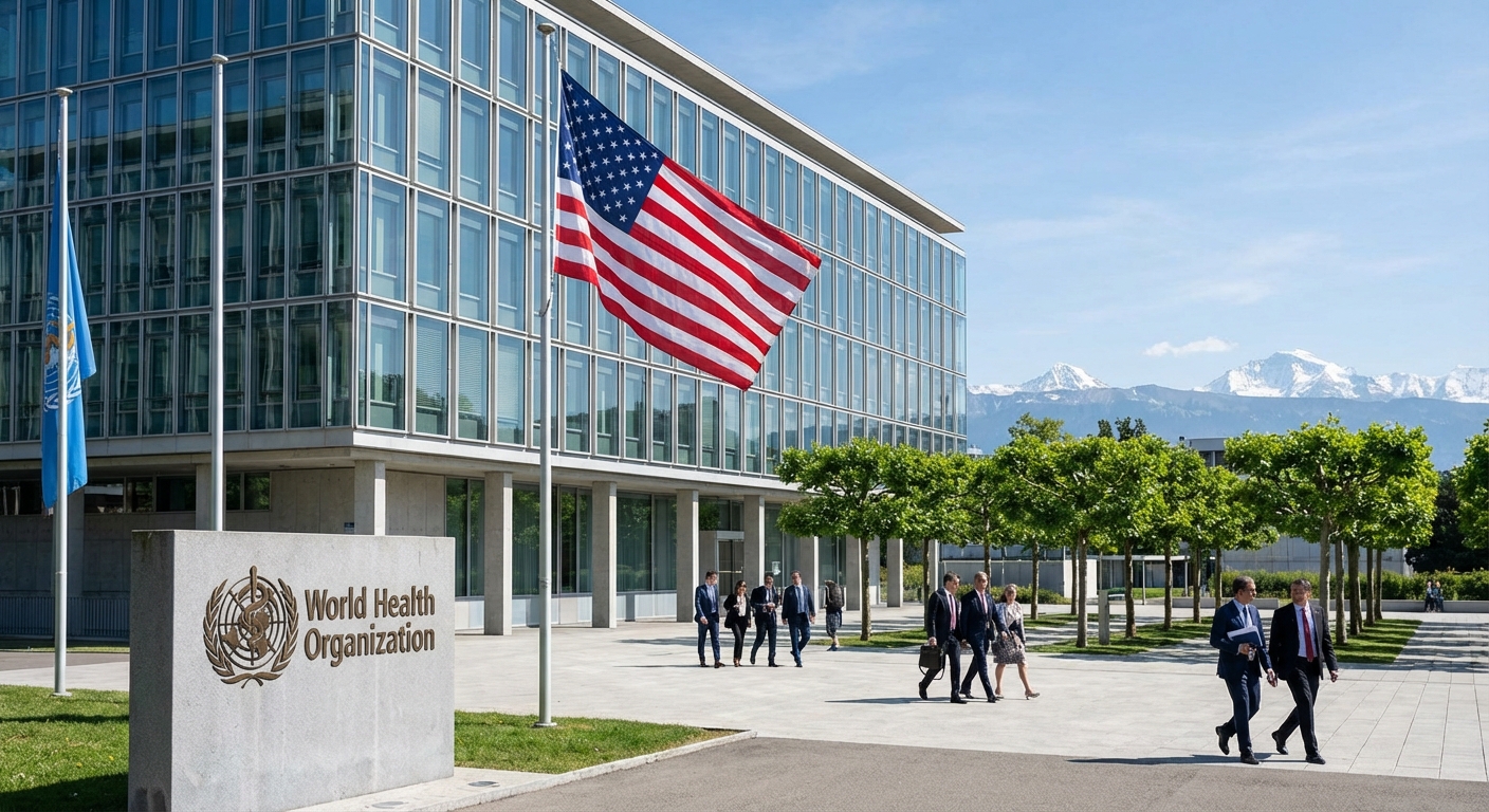 WHO 본부와 미국 국기