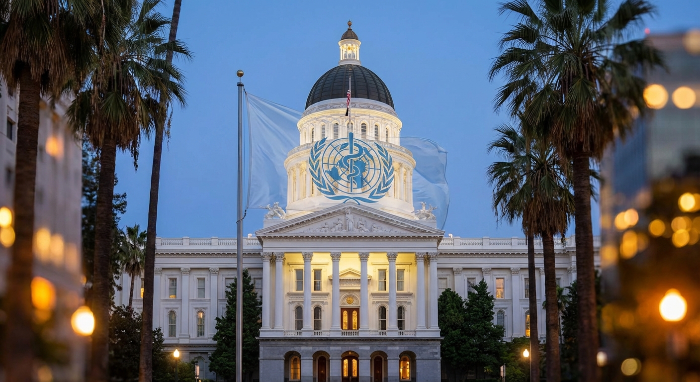 캘리포니아 주청사와 WHO 로고 합성 이미지