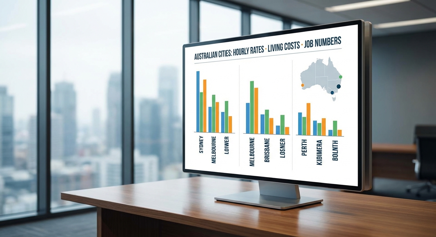 호주 주요 도시별 시급&middot;생활비&middot;일자리 수 비교 그래프