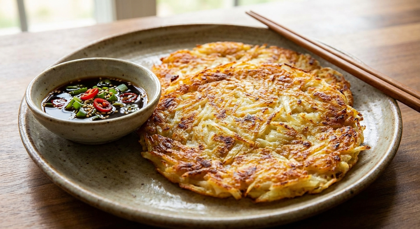 바삭하게 구워진 감자전과 간장 양념장