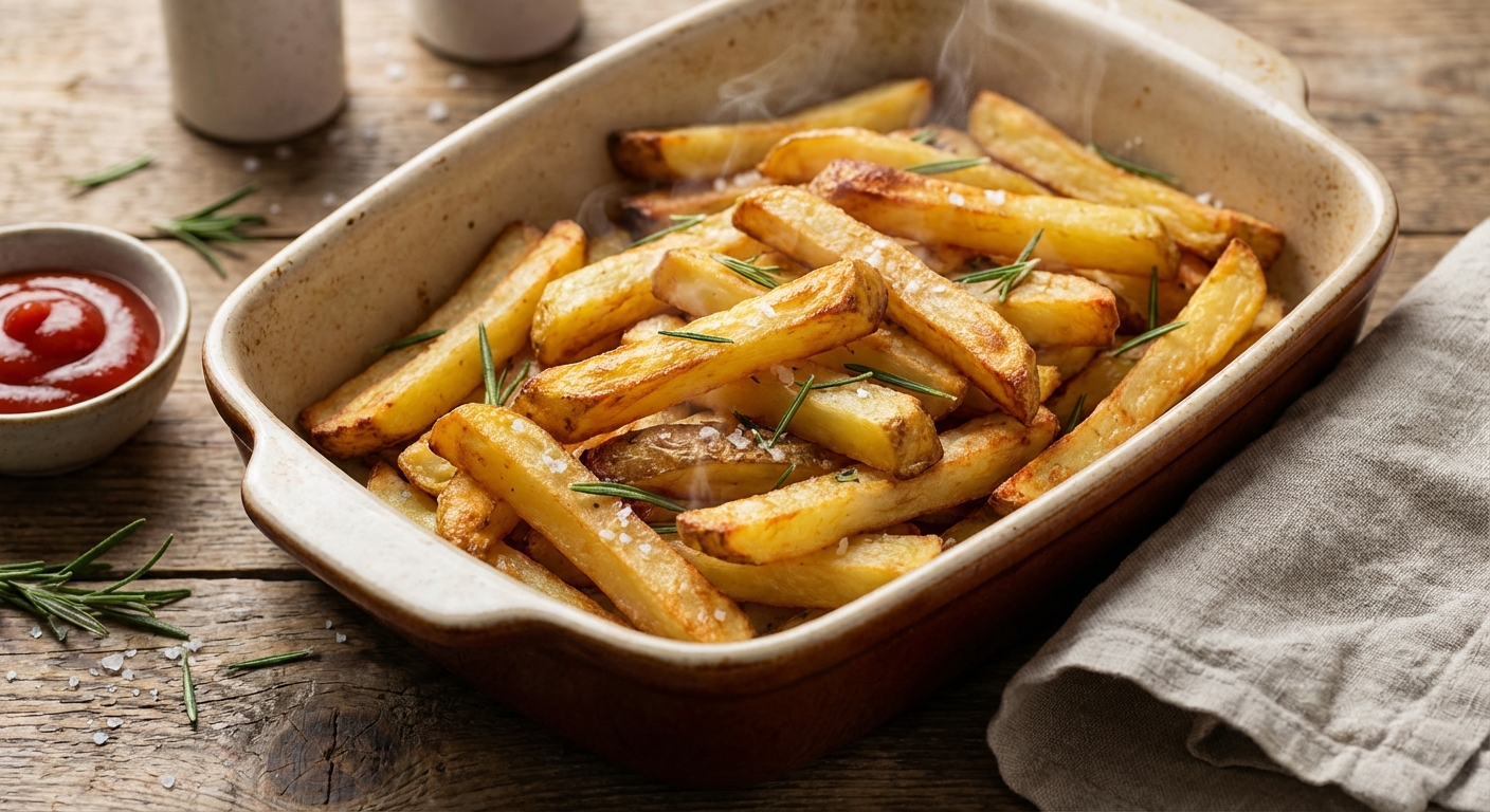 오븐에서 갓 구워낸 노릇한 감자 튀김