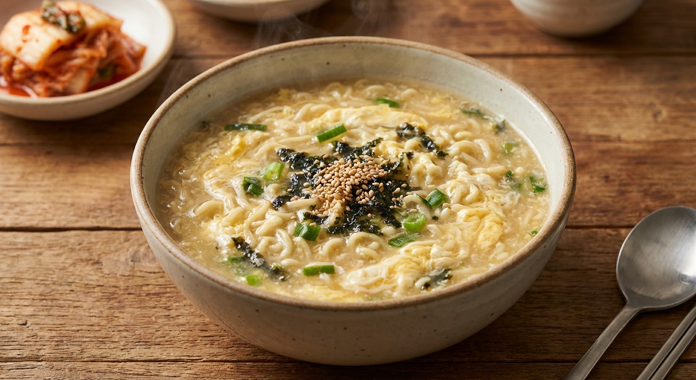 완성된 라면 계란죽을 그릇에 담은 모습