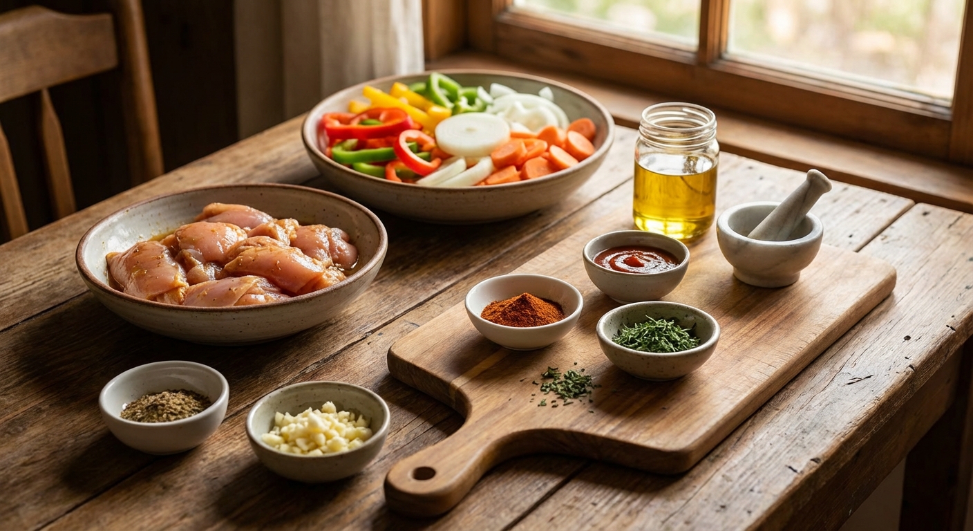 손질된 닭고기와 썰어놓은 채소들, 양념 재료가 정리된 모습
