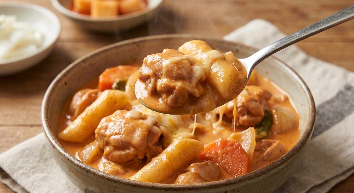 숟가락으로 떠올린 로제 찜닭, 크림이 닭고기와 떡에 고루 묻어 있는 클로즈업