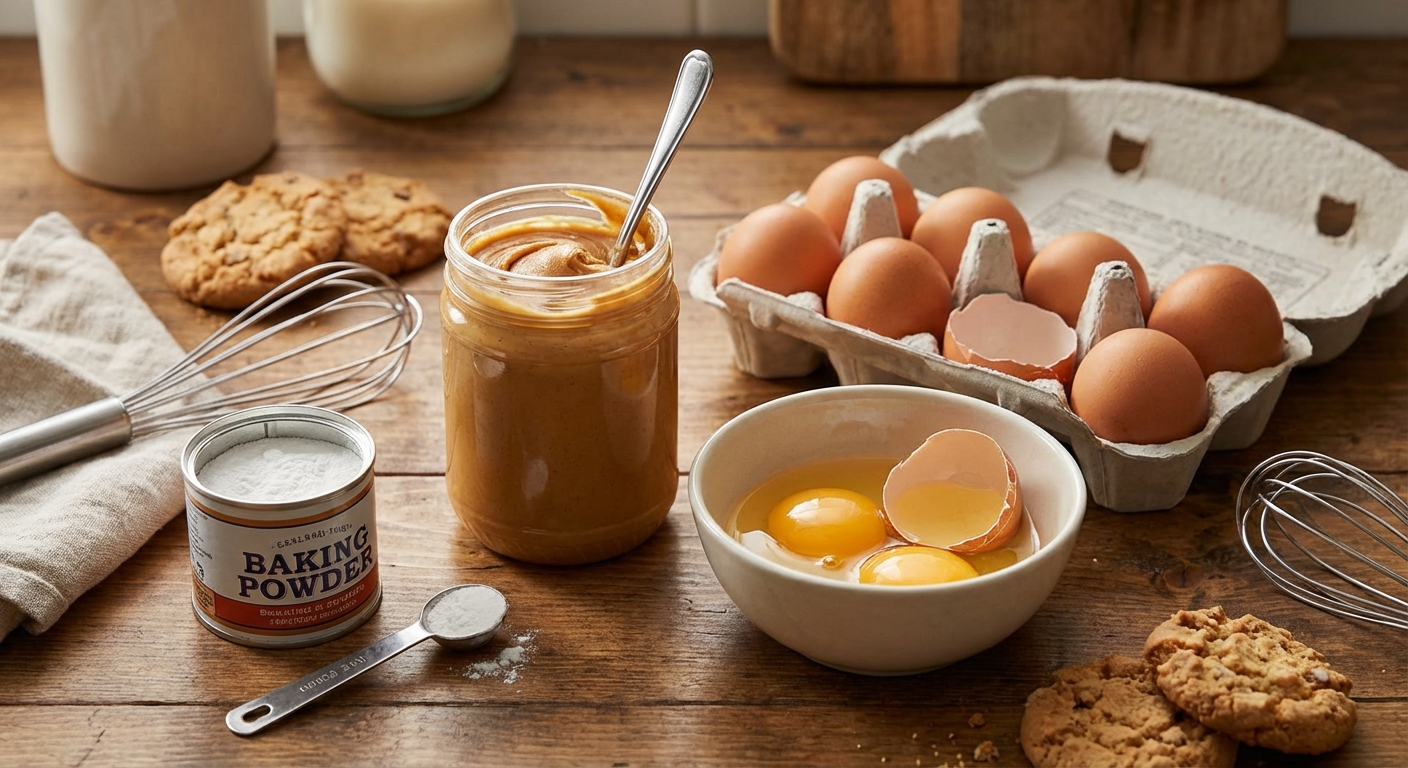 땅콩버터와 달걀, 베이킹파우더가 놓인 조리대