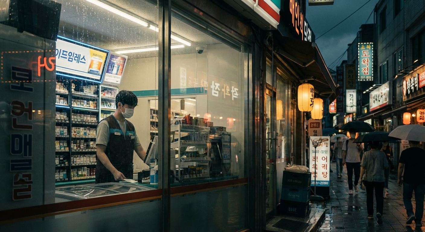 편의점 야간 풍경과 점원의 모습