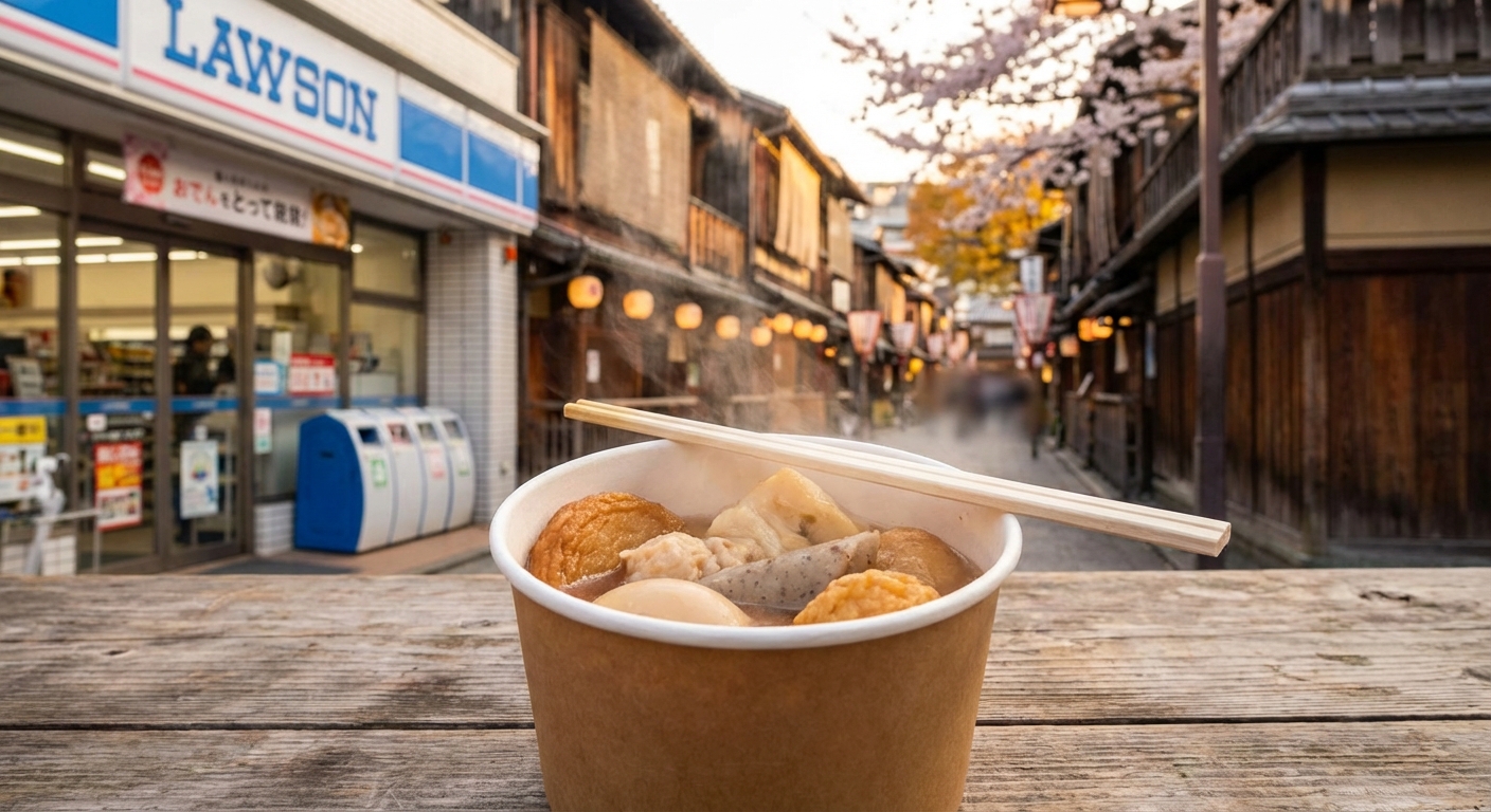 일본 편의점 오뎅을 담은 컵과 젓가락