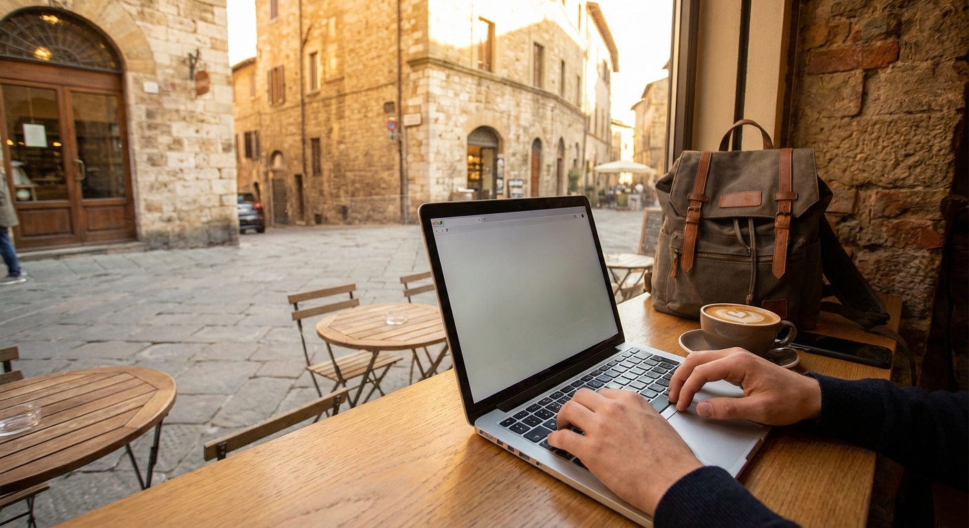 로컬 카페에서 노트북 작업하는 모습