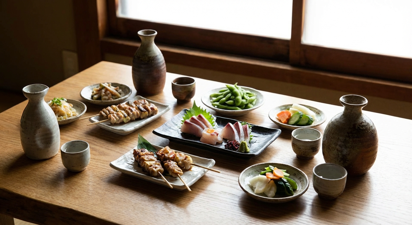 사케와 다양한 안주가 차려진 홈파티 테이블