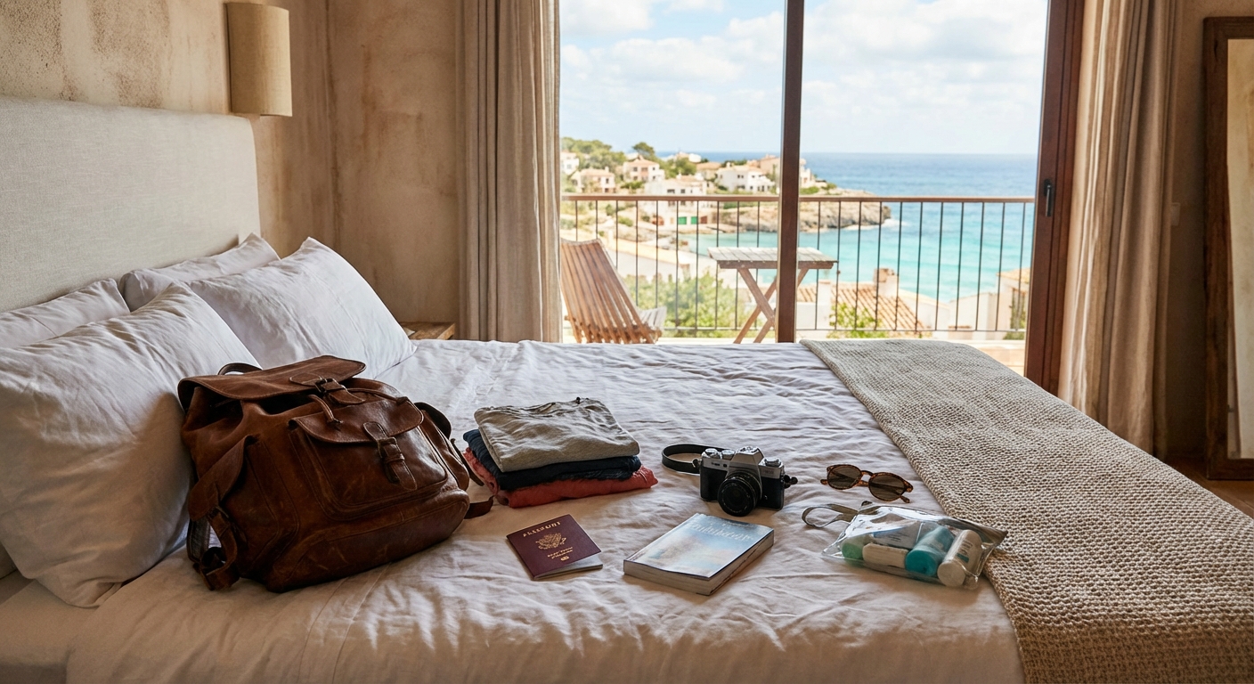 여행 준비물이 펼쳐진 침대 위 모습