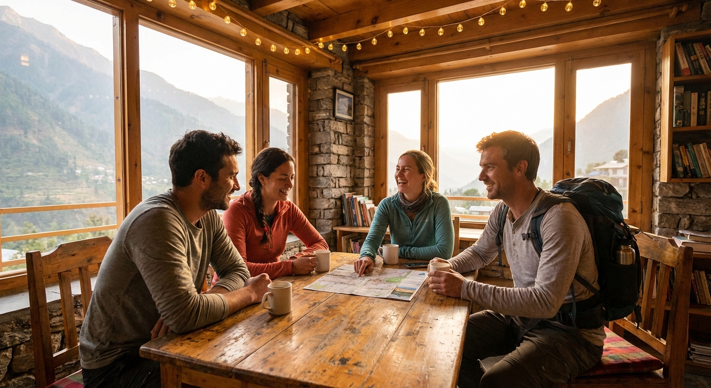 게스트하우스 공용 공간에서 대화 나누는 여행자들
