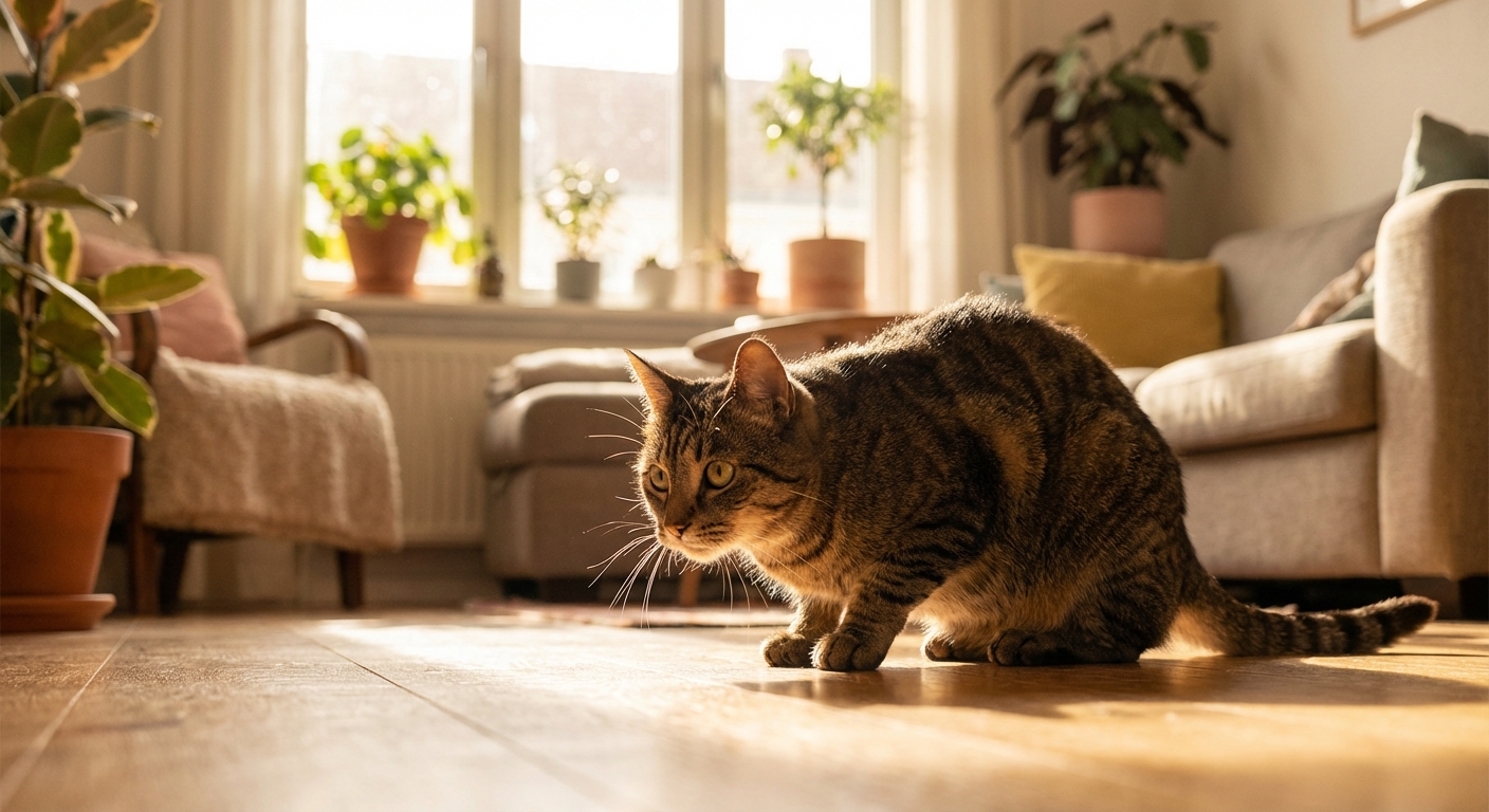 고양이가 사냥 자세를 취한 모습, 수염이 앞으로 향한 모습