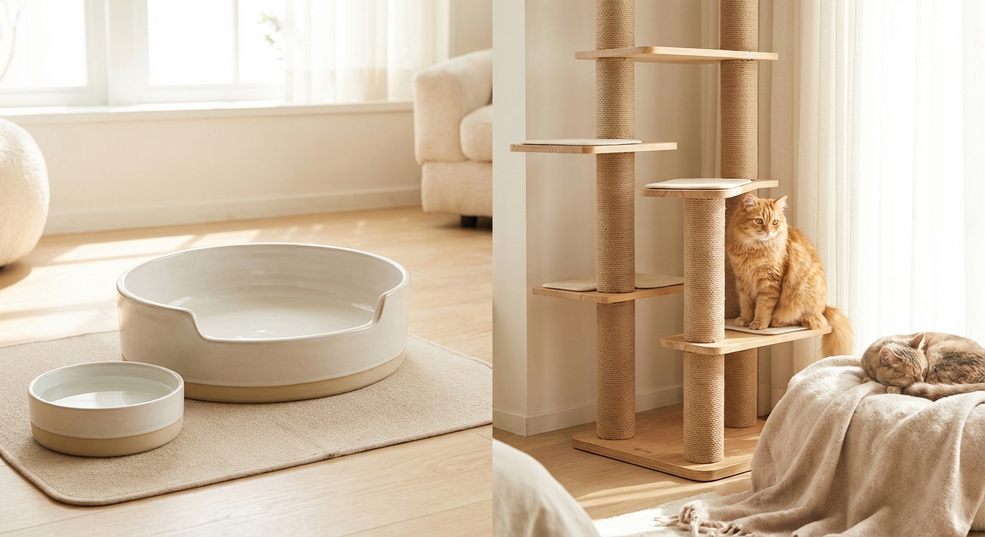 고양이 전용 넓은 식기와 캣타워 세팅 예시
