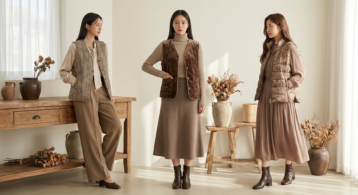 김장 조끼를 활용한 다양한 코디 룩북